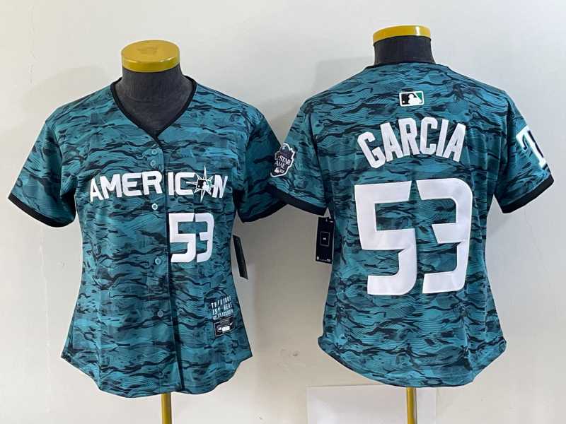 Womens Texas Rangers #53 Adolis Garcia Number Teal 2023 All Star Stitched Baseball Jersey